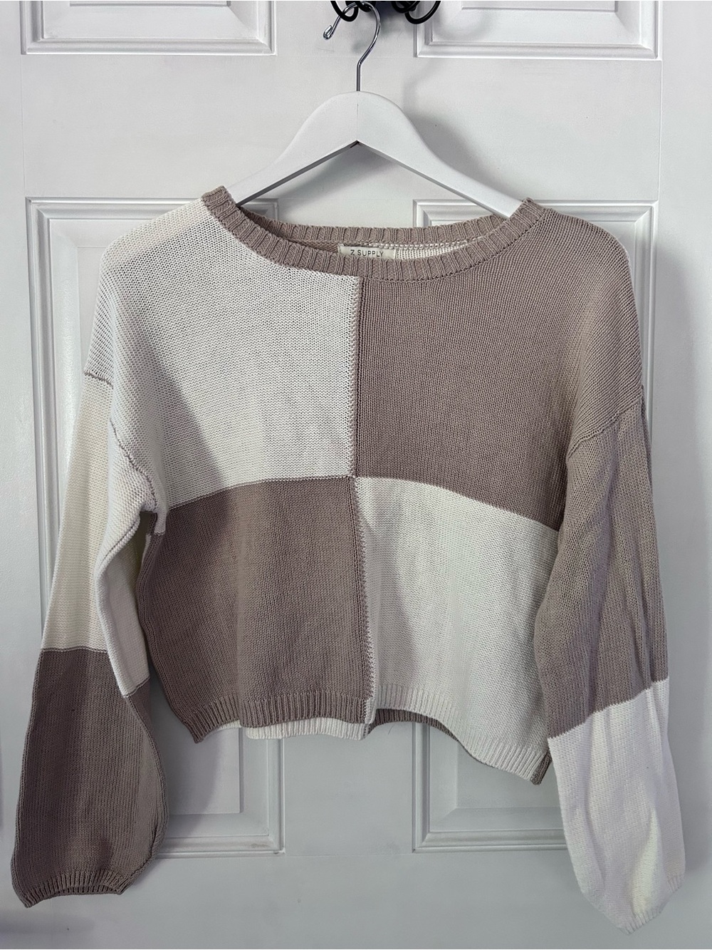 Z Supply Two-Tone Patchwork Crewneck Sweater in Taupe and Cream